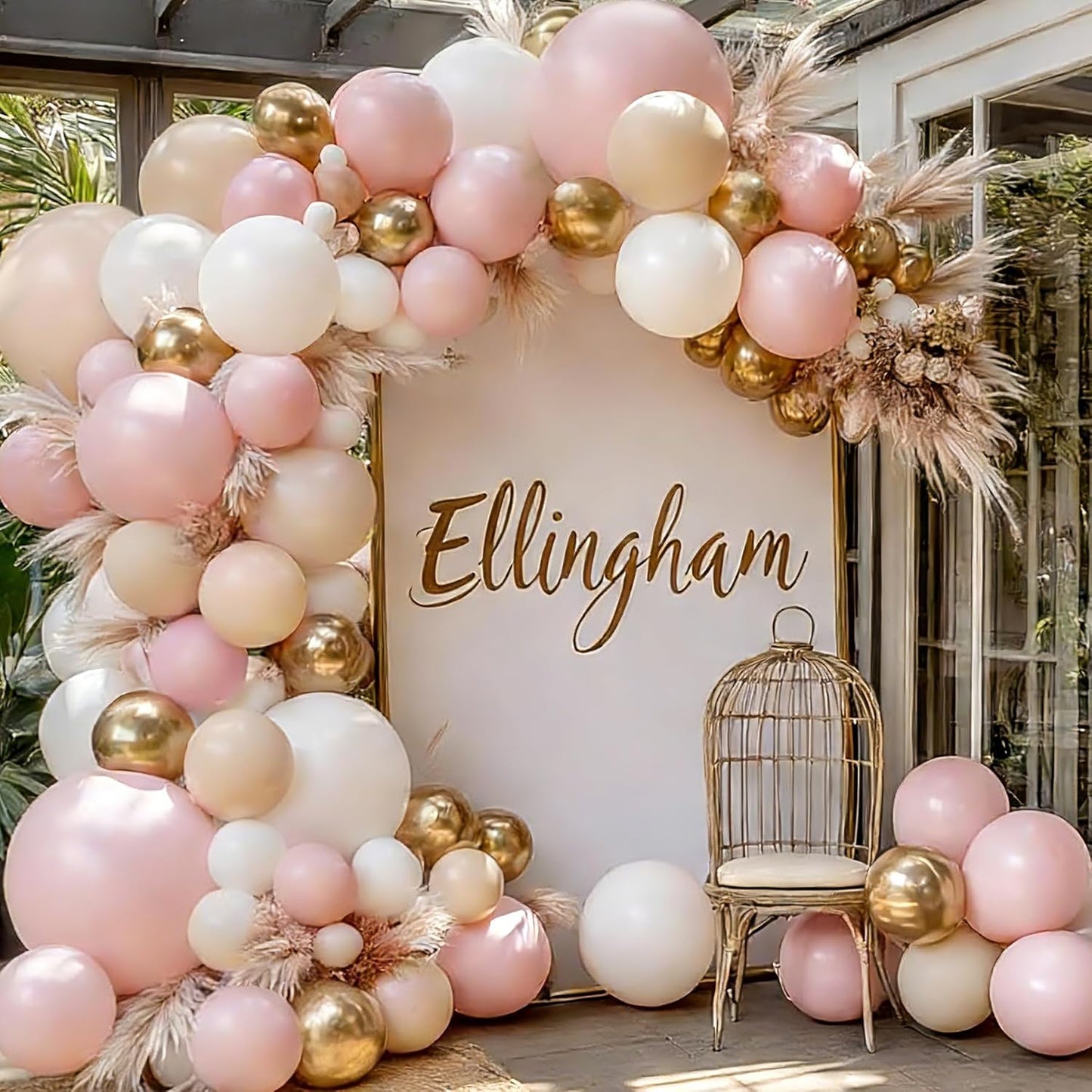 Pink Gold White Balloon Arch Kit - 144 PCs Pastel Light Pink and Beige Sand White Gold Chrome Balloons for Mothers Day Girls Women Birthday Bridal Shower Engagement Wedding Party Decorations