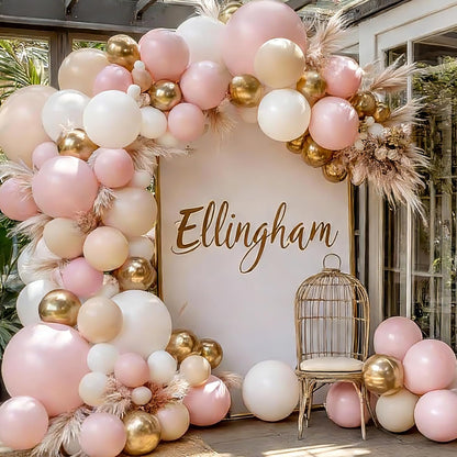 Pink Gold White Balloon Arch Kit - 144 PCs Pastel Light Pink and Beige Sand White Gold Chrome Balloons for Mothers Day Girls Women Birthday Bridal Shower Engagement Wedding Party Decorations