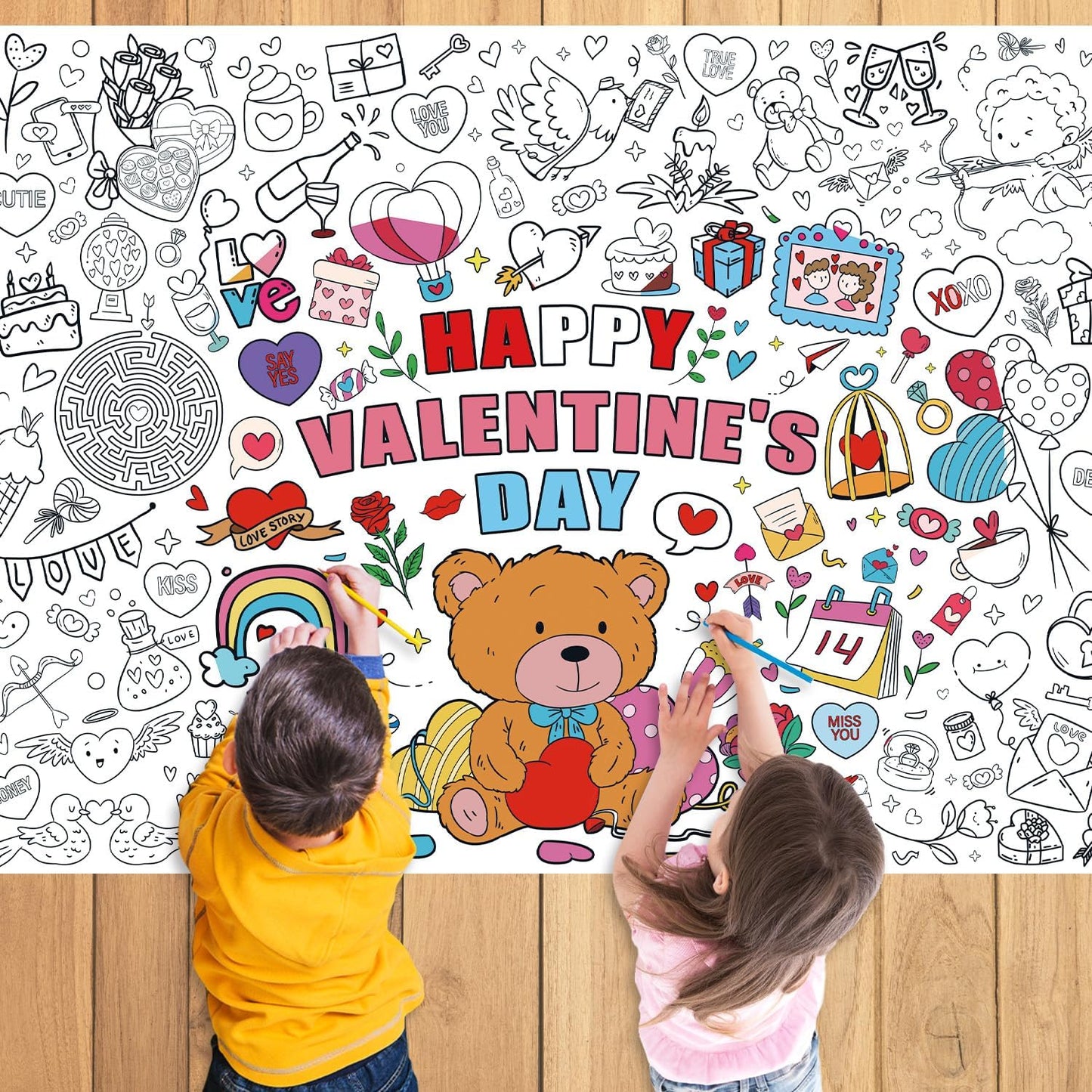 43.3x31.5 Summer Coloring Poster with Picture, Giant Cute Painting Poster, Large Coloring Tablecloth for Classroom Home Birthday Party Supplies Favor
