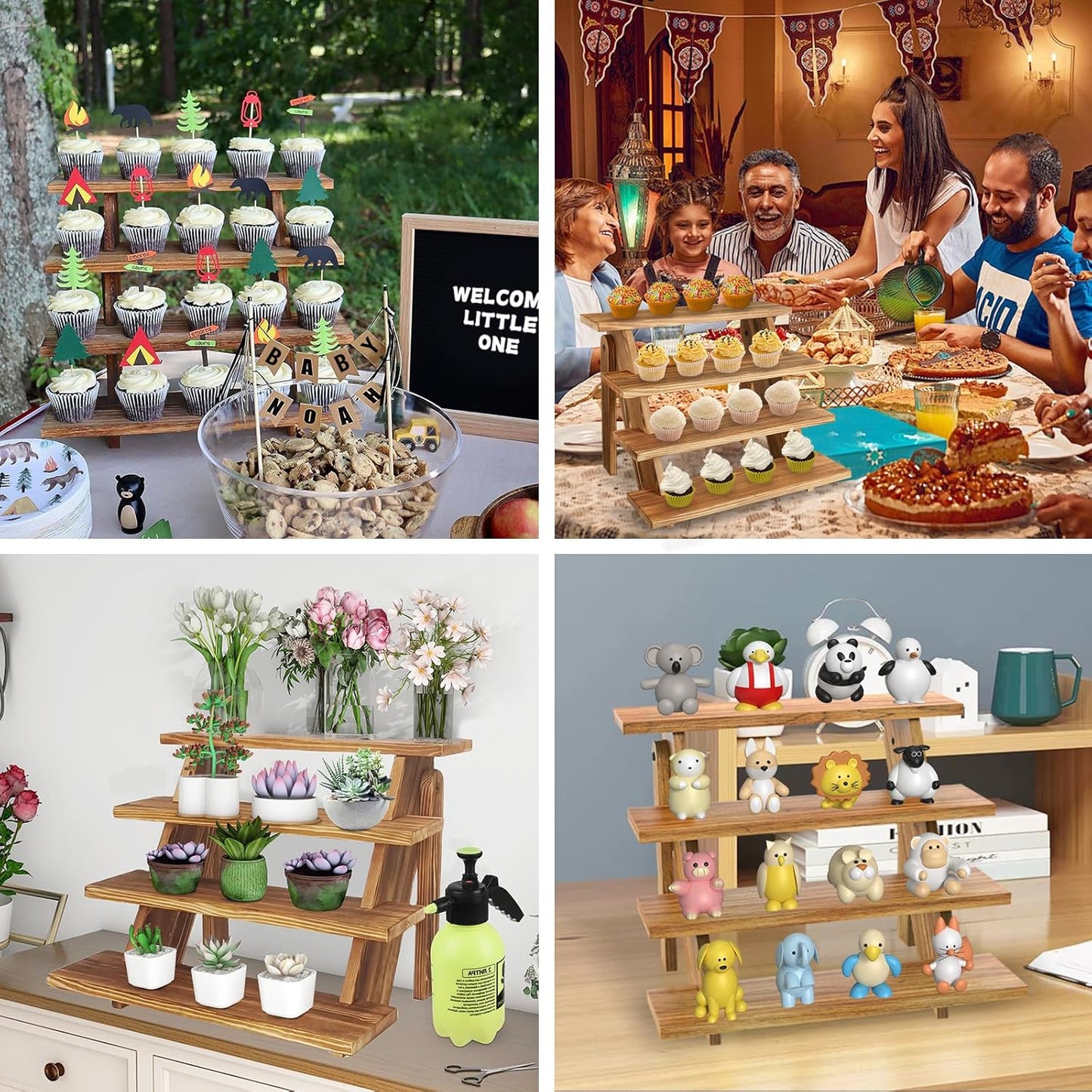 Wooden Cupcake Stand - 4 Tier Cupcake Display Stand, Rustic Tiered Display Stand, Tool Free Installation Cupcake Stand for Baby Shower Decorations Birthday Party Supplies