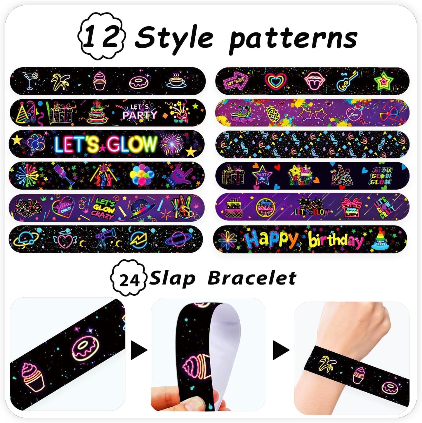74 Neon Party Favors 50PCS Cool Neon Sign Vinyl Stickers 24PCS Glow Slap Bracelets Wristbands Neon Theme Birthday Party Decorations Glow in The Dark Party Supplies Favors