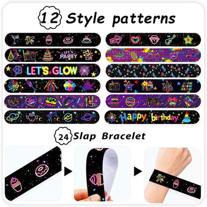 74 Neon Party Favors 50PCS Cool Neon Sign Vinyl Stickers 24PCS Glow Slap Bracelets Wristbands Neon Theme Birthday Party Decorations Glow in The Dark Party Supplies Favors