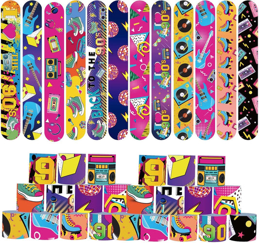 Qpout 48pcs 80s 90s Party Favors Slap Bracelets Back to 80s 90s Throwback Theme Party Decorations Slap Wristbands Retro Theme Bracelet Snap Bands Snap Bracelets