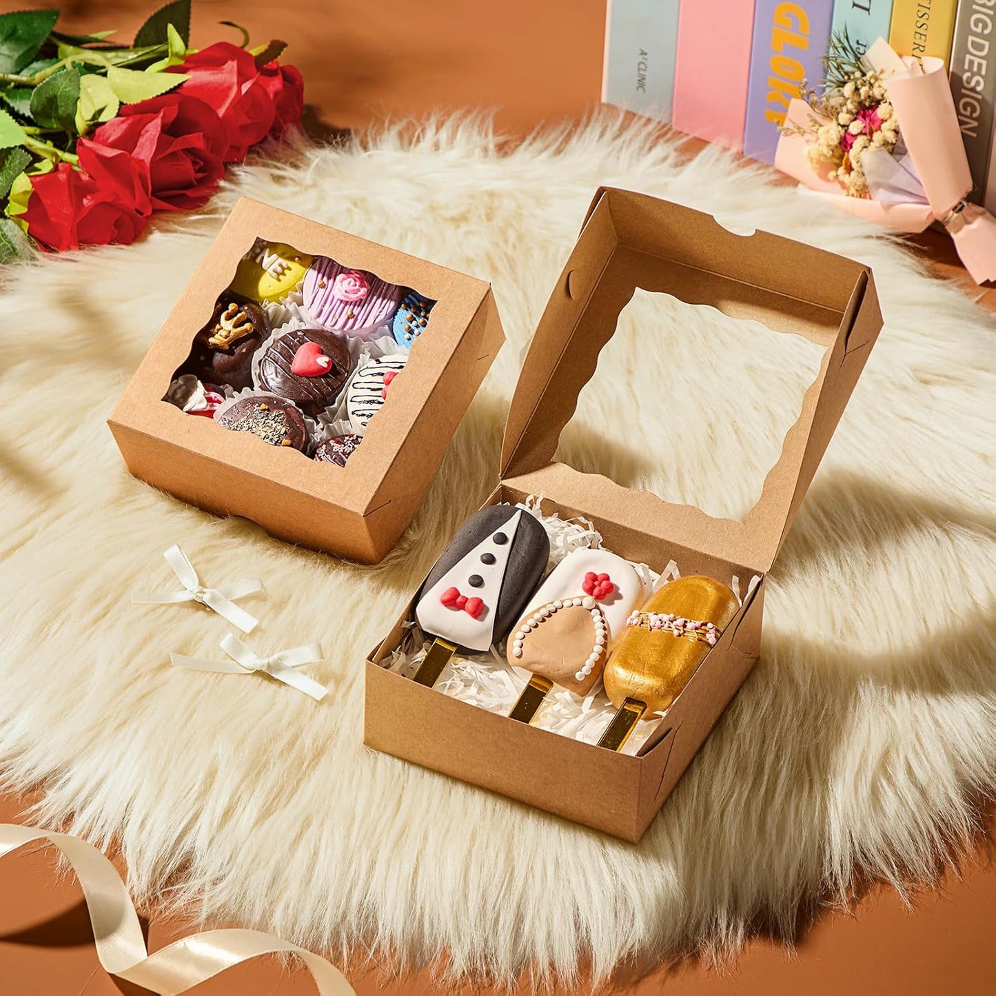 20 Pack Bakery Boxes 5x5x2 Inches Chocolate Covered Strawberries Boxes for 4 Mini Cake & Cookies Macaron Pie Browines boxes