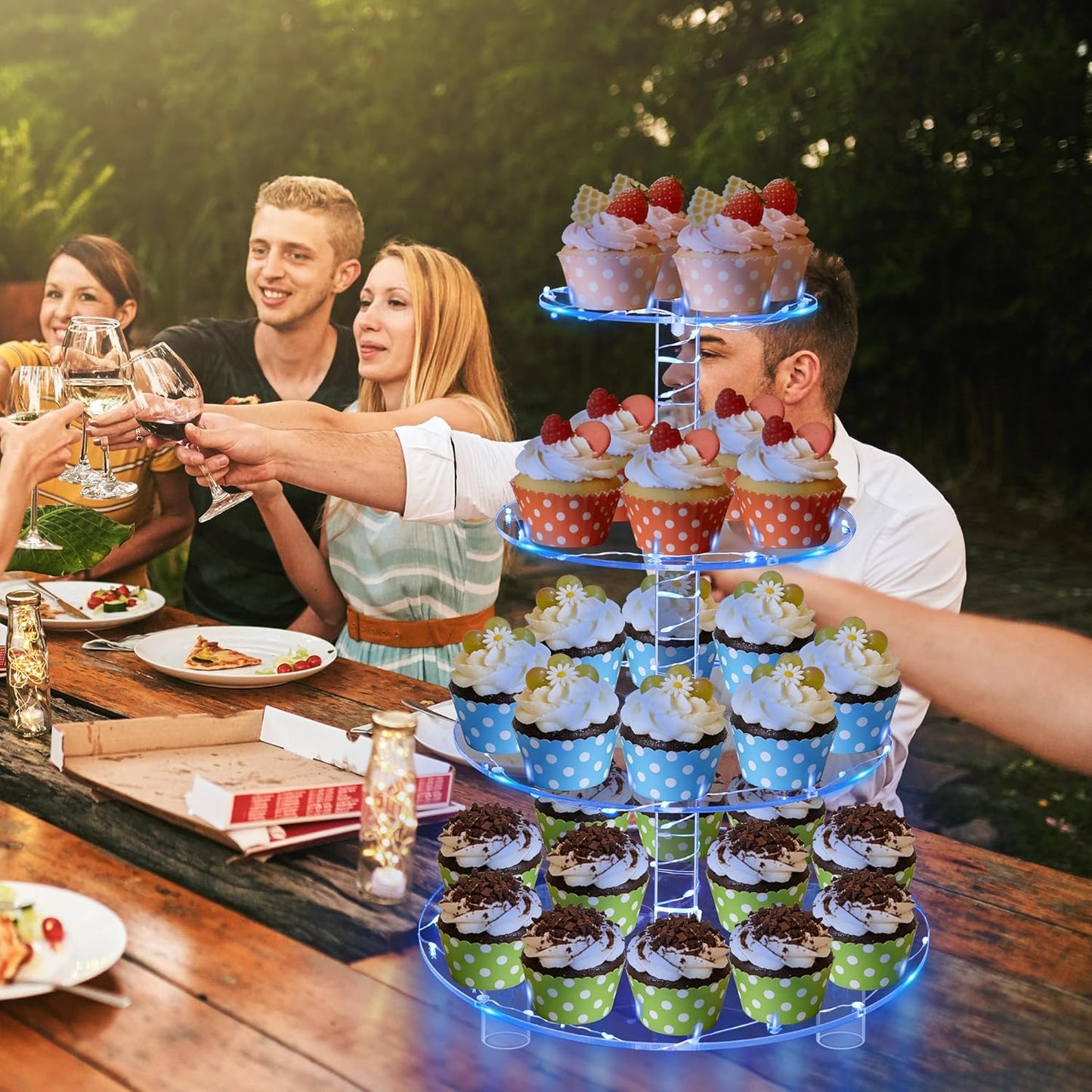 YestBuy Cupcake Stand with Yellow Led Lights, 4 Tier Cupcake Stand for 50 Cupcakes, Acrylic Cupcake Tower Stand, Clear Tiered Cupcake Holder for Birthday Cady Bar Décor Weddings, Parties Events