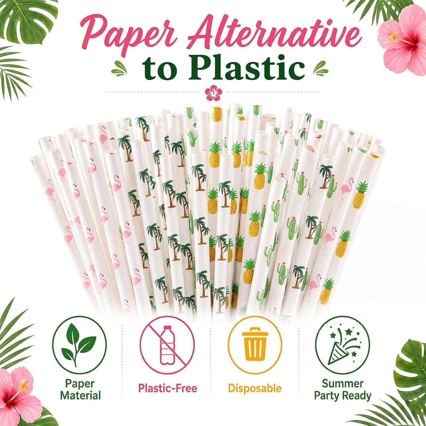 ALINK 100 Pack Tropical Paper Straws - 7.75" Biodegradable Hawaii Party Straws with Flamingo, Pineapple, Cactus & Coconut Tree Designs - Supplies for Luau, Beach Party, Birthday & Summer Cocktails