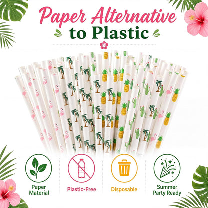 ALINK 100 Pack Tropical Paper Straws - 7.75" Biodegradable Hawaii Party Straws with Flamingo, Pineapple, Cactus & Coconut Tree Designs - Supplies for Luau, Beach Party, Birthday & Summer Cocktails