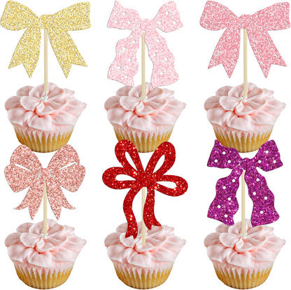 Ephlyn 24Pcs Pink Bow Cupcake Toppers Bow Birthday Cake Topper Girls Birthday Party Decorations Bowknot Cupcake Decorations for Bridal Wedding Themed Party Multi