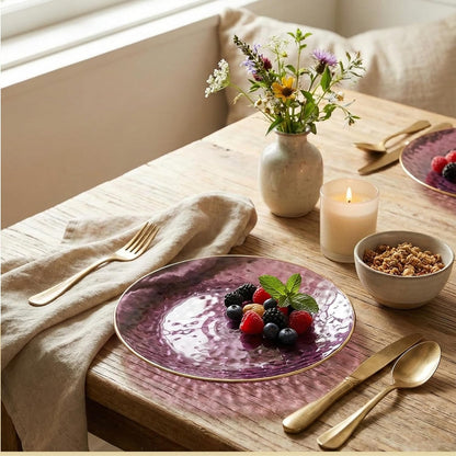 R-kay 100 Pack Clear Plastic Plates - 6.25 IN Hammered Gold Rimmed Sturdy, Durable And Extra Heavy duty Gold Plastic Dessert Plates Disposable - Ideal For Appetizer And And For Desserts.