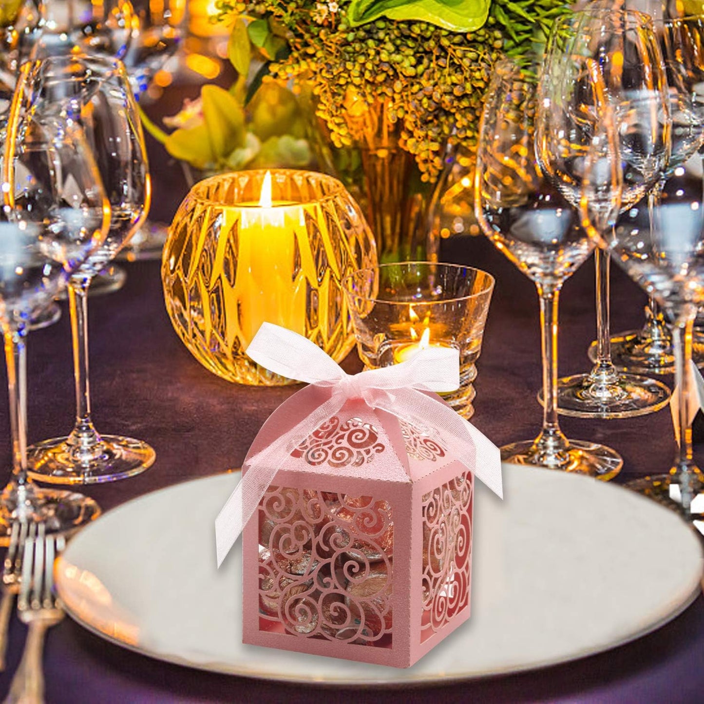 KPOSIYA 100 Pack Wedding Favor Boxes Laser Cut Boxes Party Favor Box Small Gift Boxes Lace Candy Boxes for Wedding Bridal Shower Baby Shower Birthday Party Anniverary with Ribbons (Pink, 100)
