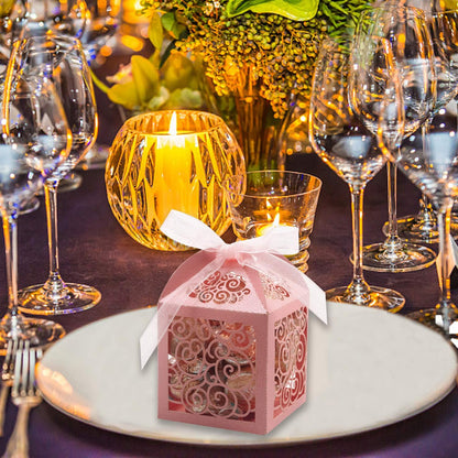 KPOSIYA 100 Pack Wedding Favor Boxes Laser Cut Boxes Party Favor Box Small Gift Boxes Lace Candy Boxes for Wedding Bridal Shower Baby Shower Birthday Party Anniverary with Ribbons (Pink, 100)