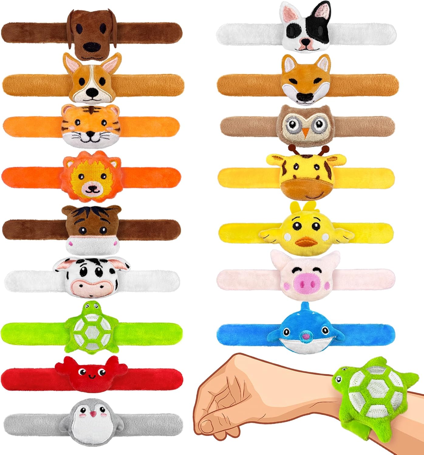 XIPEGPA 16 PCS Stuffed Animal Slap Bracelets Set Animal Farm Ocean and Jungle Plush Slap Bracelets Cute Wrist Band Toy for Party Favors 16 Styles