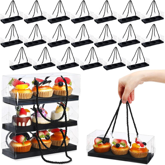 Thenshop 20 Pcs 9 x 3 x 3 Inch Clear Cupcake Boxes with Handle and Inserts 3 Count Portable Pastry Packaging for Cupcakes Carrier Muffin Bakery Containers Mothers Day Wedding Party(Brown)