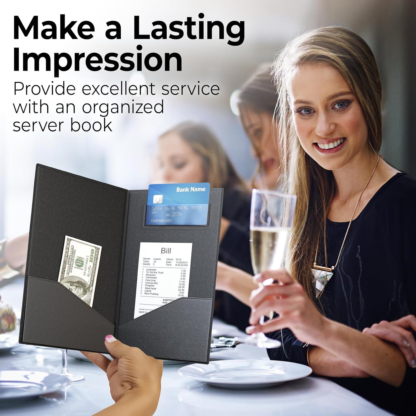 Restaurant Check Presenters - Guest Check Card Holder with Gold Thank You Imprint - 5.5" x 10" Black 20 Pack, Standard Server Book - Waitress Book
