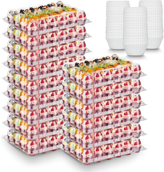 Hlukana (24 Pack x 15 Sets) Mini Cupcake Containers with 375 Pack Cupcakes Liners, Plastic Cupcake Holder, Stackable Mini Cupcake Boxes Carrier, Clear Disposable Cupcake Trays, High Dome - MINI SIZE