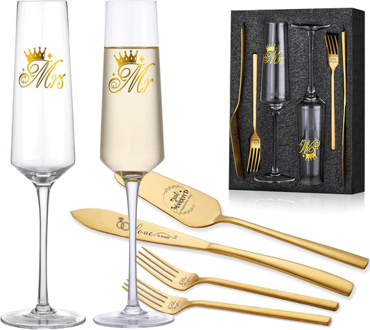 Wedding Cake Knife and Server Set, Bride Groom Mr and Mrs Champagne Flutes Glasses, Cake Cutting Set for Wedding with Forks, Bridal Shower Gifts Wedding Anniversary Engagement Gifts
