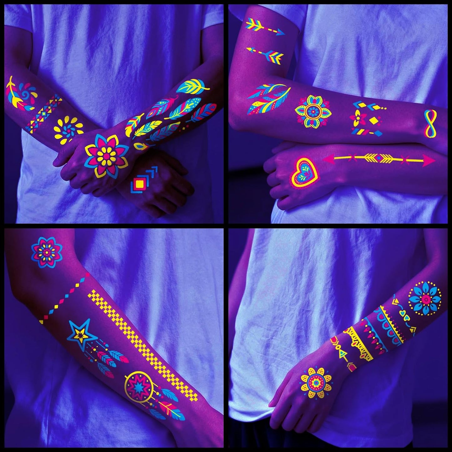 Glow in the Dark Tattoos 256+ PCS – Luminous Party Supplies Neon Body Paint UV Face Temporary Tattoos for Adults Teens, 32 Sheets Neon Accessories Carnival Raves Party Favors & Decorations