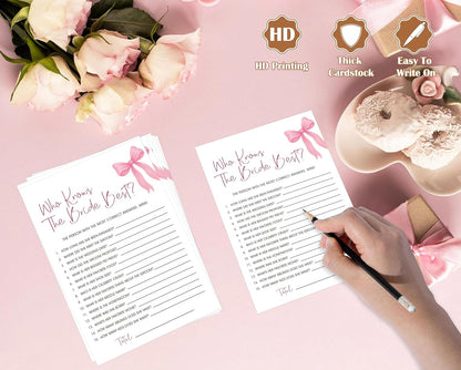 Pink Bow Bridal Shower Bingo Game with Blank Squares, Pack of 30 Game Cards, Bridal Shower Decorations, Wedding Engagement Decor, Bachelorette Party Supplies - KR05