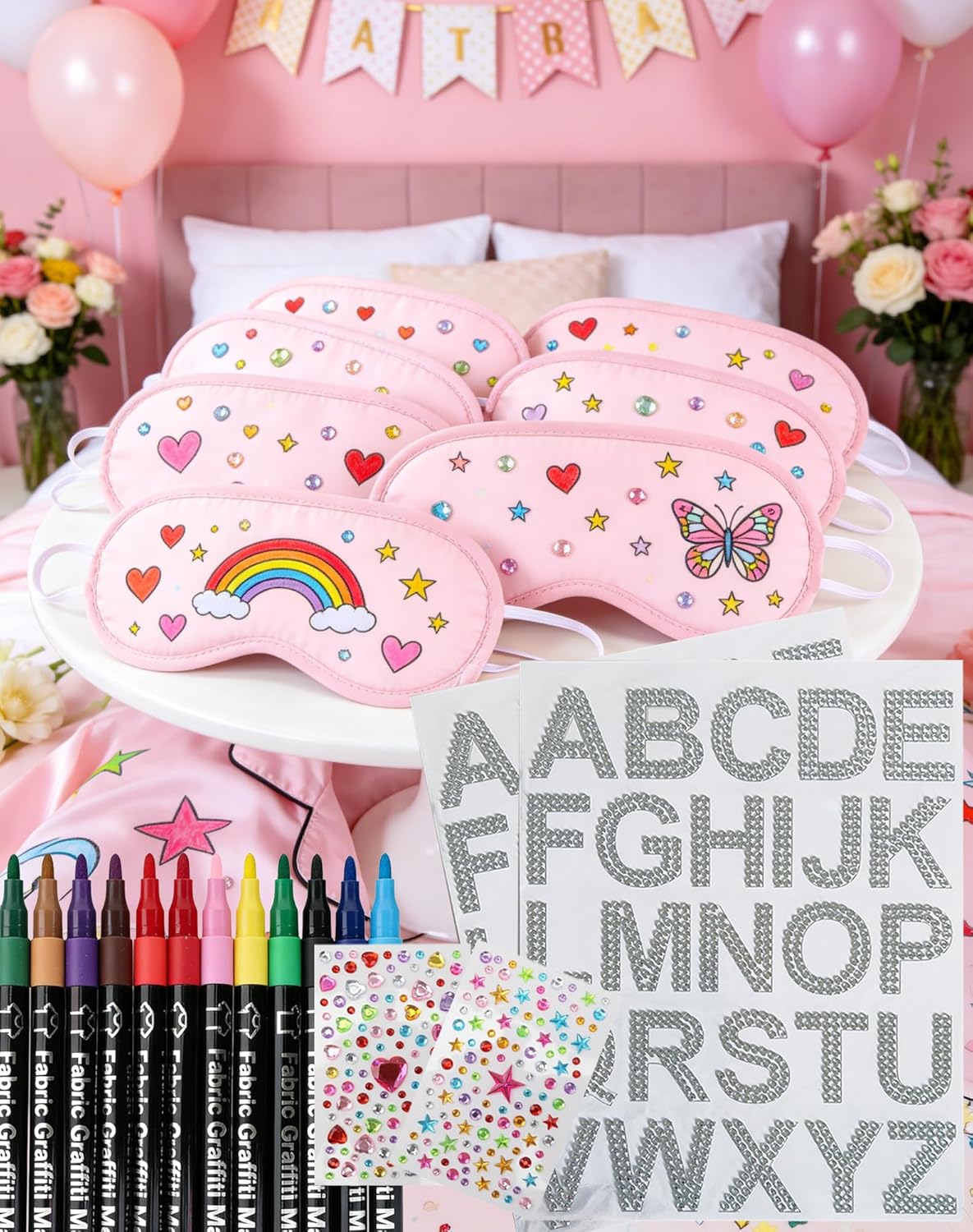 TOUROAM Pajama Theme Party Decoration - Sleep Eye Masks with Marker Pens and Sheets Self-Adhesive Heart Rhinestones Gems
