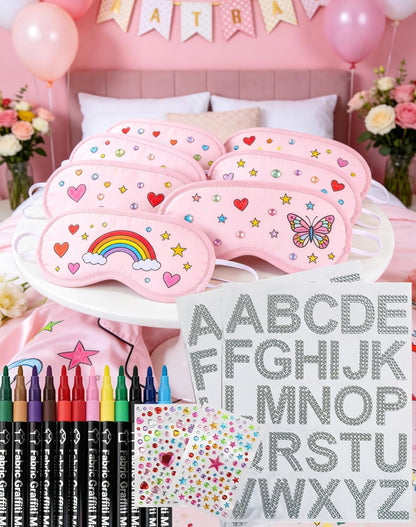 TOUROAM Pajama Theme Party Decoration - Sleep Eye Masks with Marker Pens and Sheets Self-Adhesive Heart Rhinestones Gems