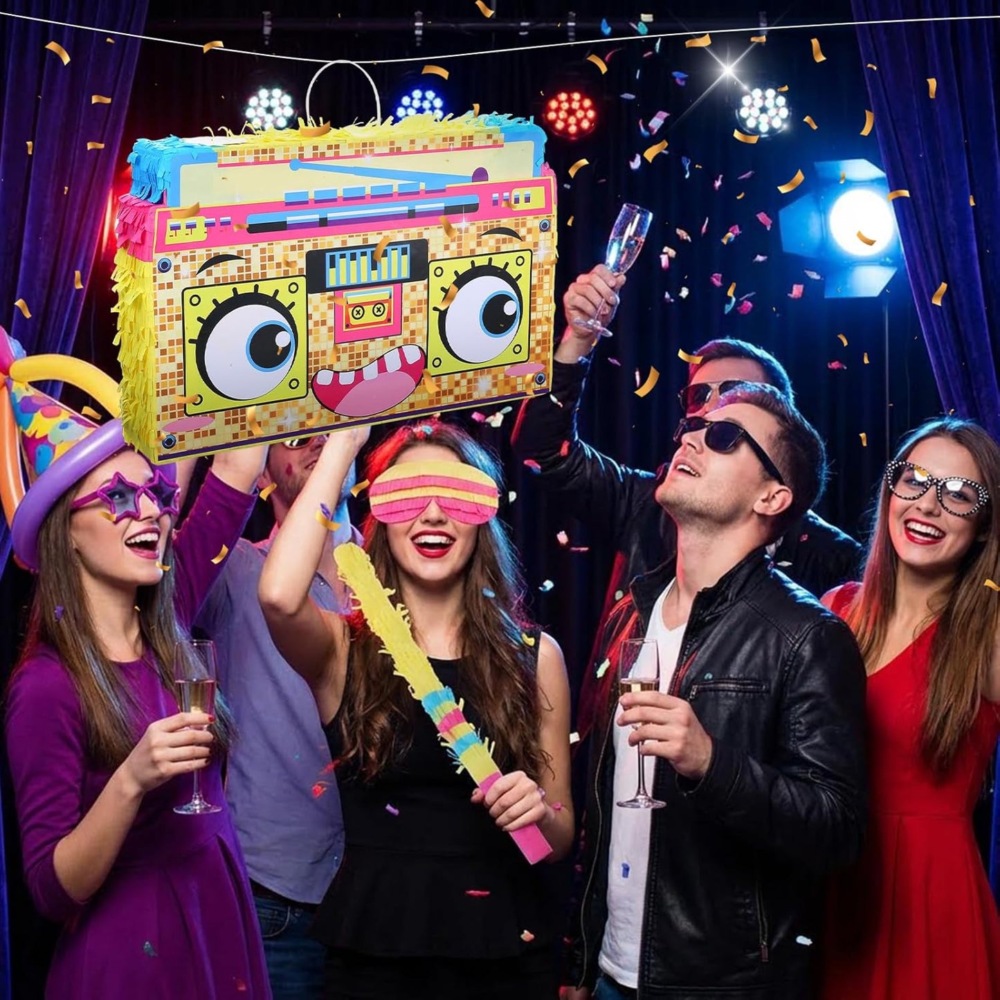 Rock and Roll Skeleton Piñata with Headphones Design Blindfold Hitting Stick Confetti for Music Themed Birthday Party (15.56 x 13.19 x 2.76 inch)
