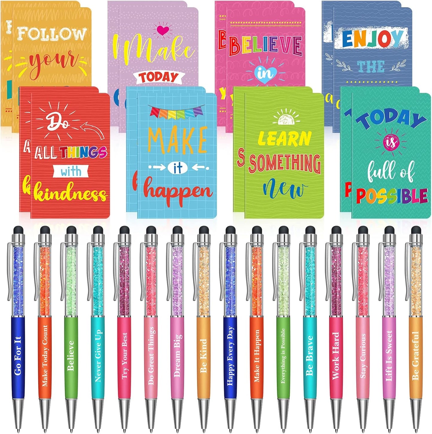Funrous 32 Pcs Motivational Quote Pens Inspirational Notepads Mini Journal with Ballpoint Pen Small Notebooks Gift for Men Women Coworker Adult Party Favors Prize Teacher Student Office(Stylish)