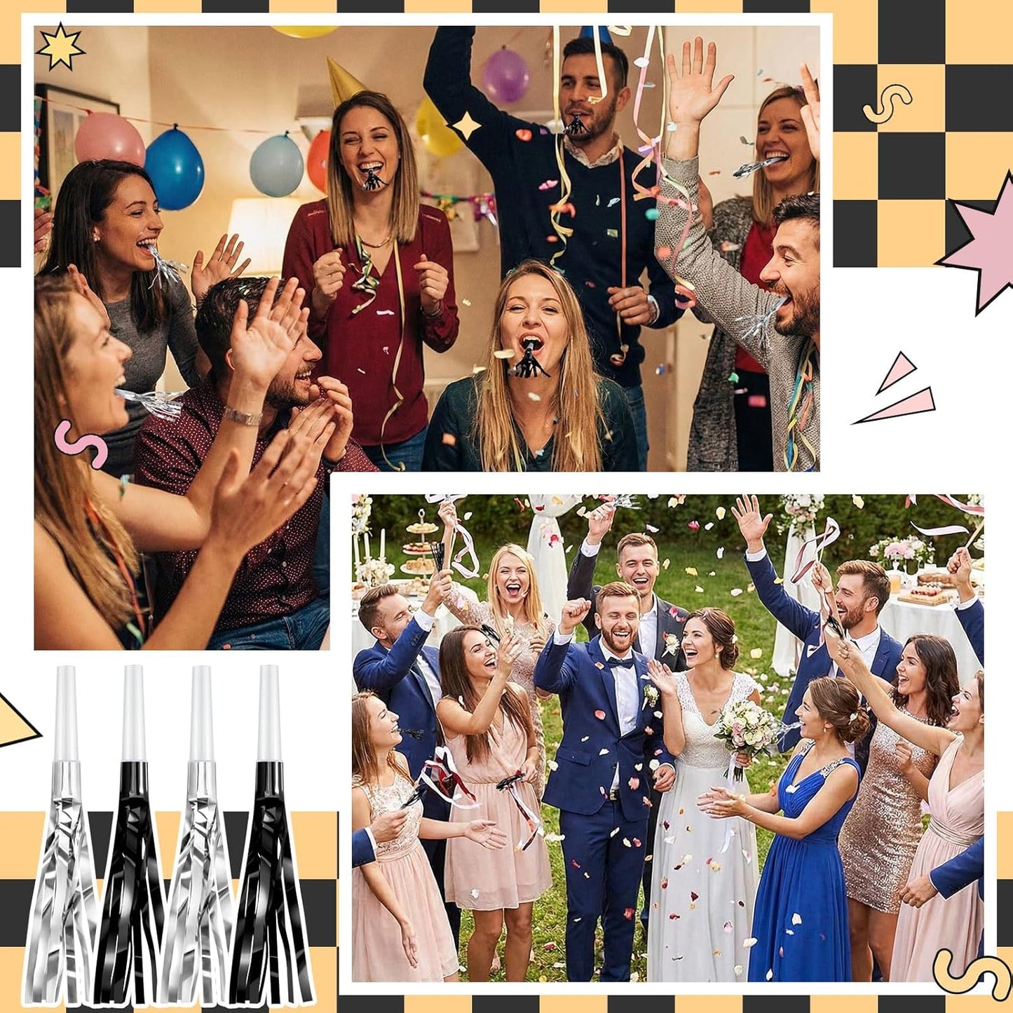 Sumind 24 Pcs Gold Noise Makers Metallic Fringed Party Blowers Horns Whistles Noisemakers Party Favors for Adults Birthday Graduation Sporting Events Celebration Surprise Supplies