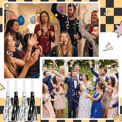Sumind 24 Pcs Gold Noise Makers Metallic Fringed Party Blowers Horns Whistles Noisemakers Party Favors for Adults Birthday Graduation Sporting Events Celebration Surprise Supplies