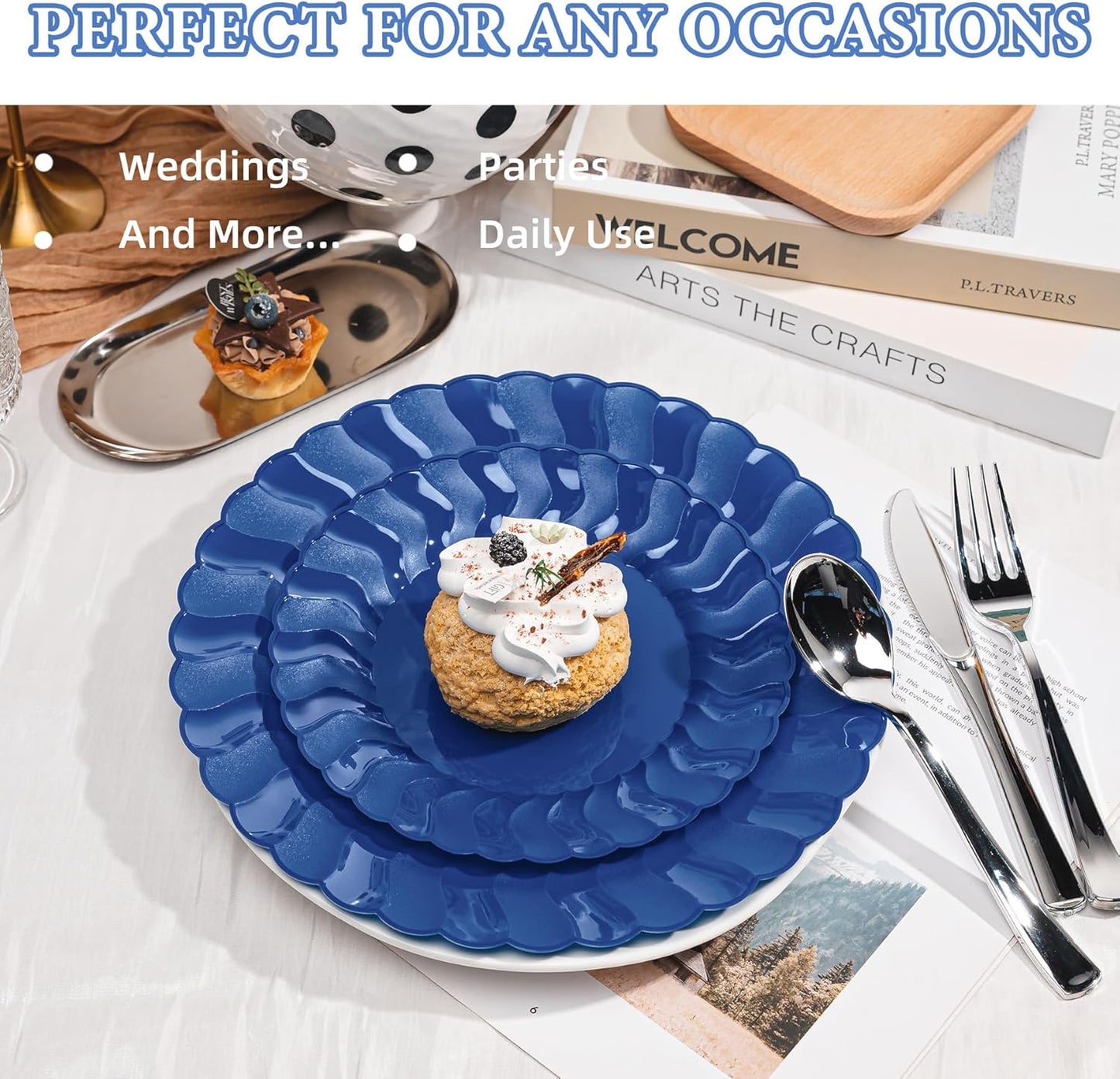 Lullaby 60PCS Ivory Scalloped Plastic Plates with Gold Rim, Disposable Elegant Plates Include 30pcs Dinner Plate 10.25", 30pcs Plastic Dessert Plate 7.5", Perfect for Wedding and Party