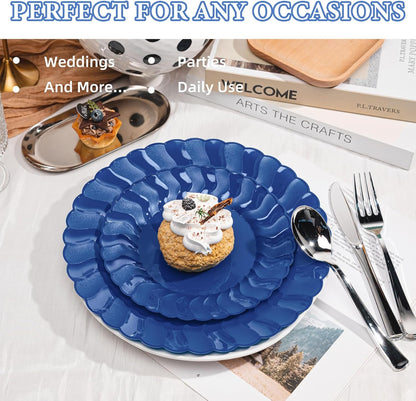 Lullaby 60PCS Ivory Scalloped Plastic Plates with Gold Rim, Disposable Elegant Plates Include 30pcs Dinner Plate 10.25", 30pcs Plastic Dessert Plate 7.5", Perfect for Wedding and Party