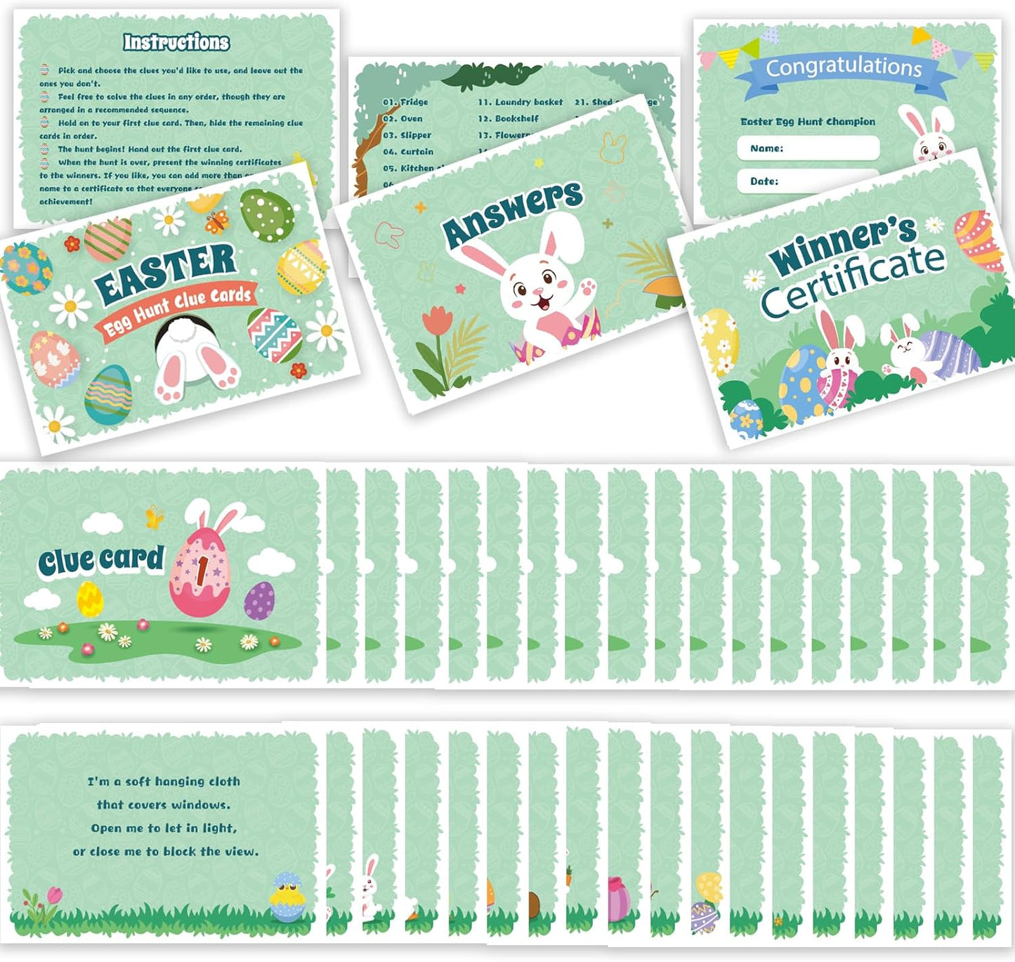 AhfuLife Easter Egg Scavenger Hunt Clue Cards for Family Friends, 27 Cards Set with Clues, Rules, Answers, Winner Cards for Easter Party Activities, Games Indoor, Easter Party Decorations Supplies