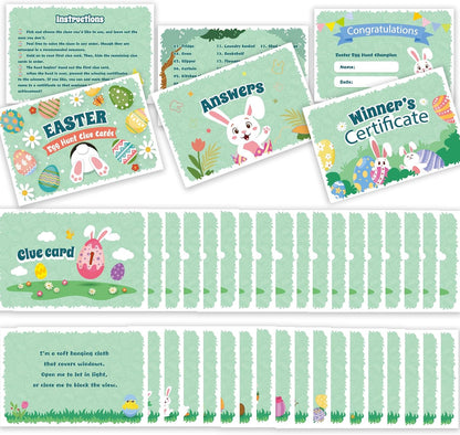AhfuLife Easter Egg Scavenger Hunt Clue Cards for Family Friends, 27 Cards Set with Clues, Rules, Answers, Winner Cards for Easter Party Activities, Games Indoor, Easter Party Decorations Supplies