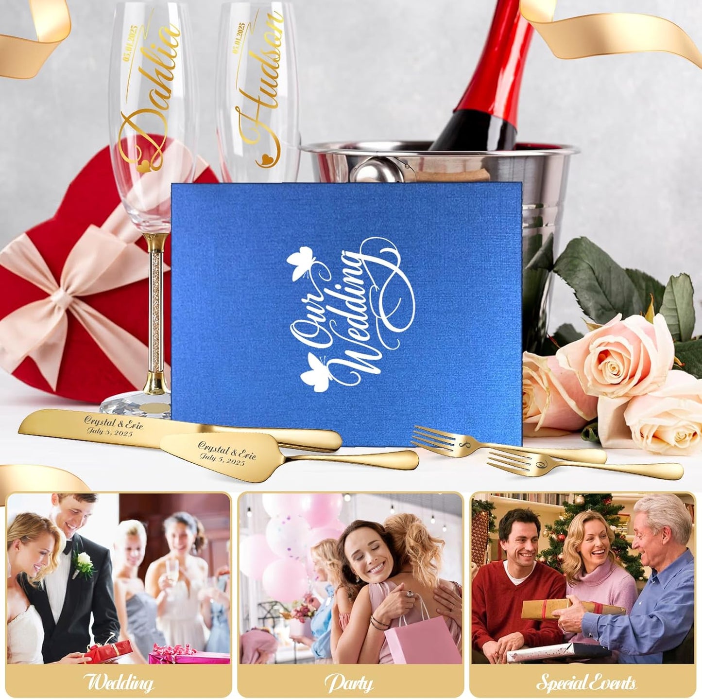 HJX Personalized Wedding Cake Knife and Server Set with Champagne Flutes, Custom Name Text Toasting Glasses for Bride and Groom, Cake Cutting Set Ideal Wedding Engagement Bridal Shower Gift