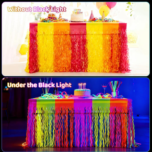 PIGETALE Glow in The Dark Party Supplies, 2 Pack Neon Fluorescent Wavy Metallic Tinsel Foil Fringe Table Skirts, 29.5x108 Inch UV Black Light Reactive Table Streamer Curtain Backdrop Party Decorations