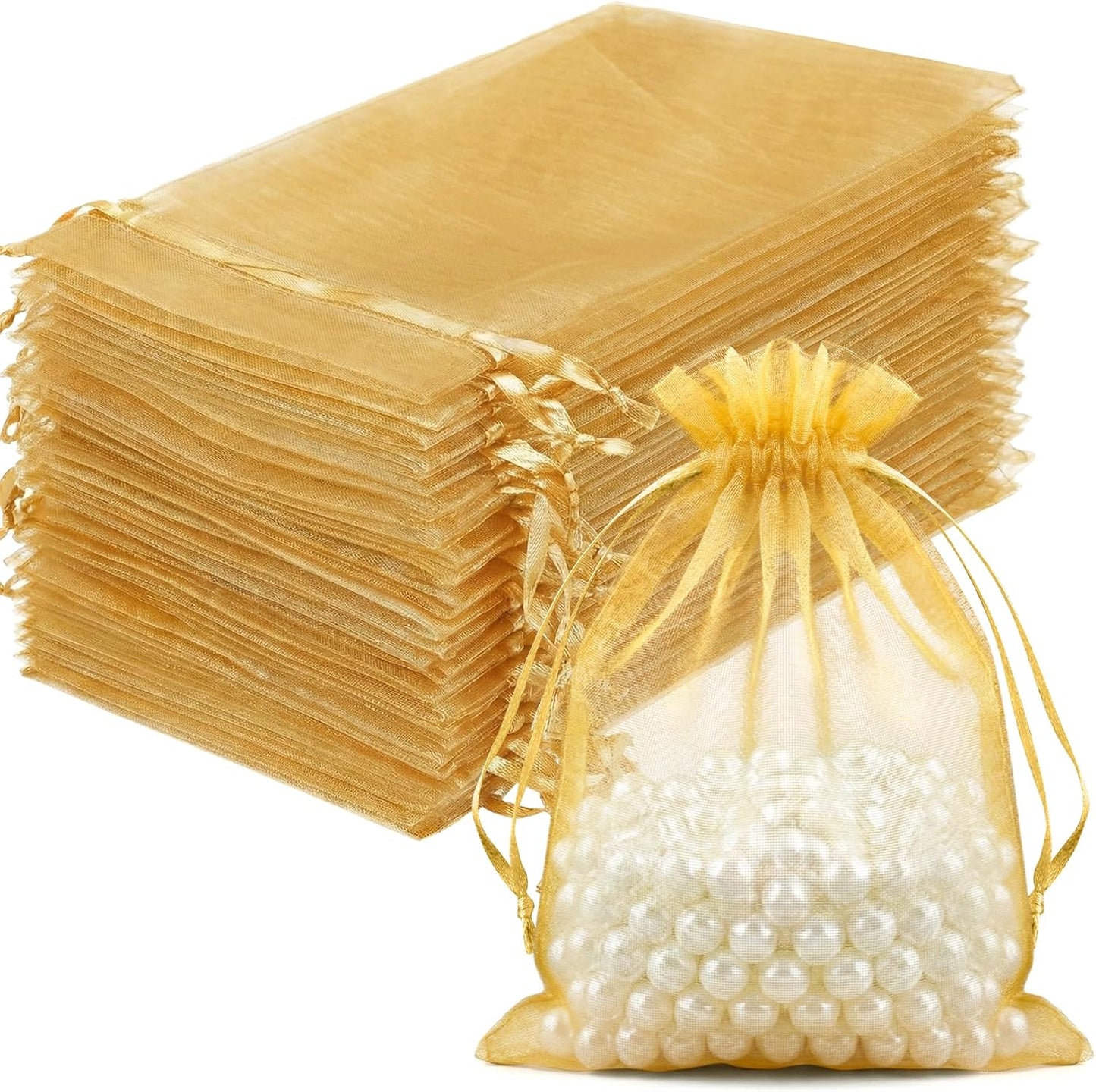 FUNFERY 100 Pcs White Organza Bags 3x4 in, Small Mesh Drawstring Gift Bags for Sachet, Jewelry, Wedding Favor, Candy Goodie Treat Bag,Easter Day