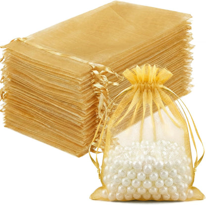FUNFERY 100 Pcs White Organza Bags 3x4 in, Small Mesh Drawstring Gift Bags for Sachet, Jewelry, Wedding Favor, Candy Goodie Treat Bag,Easter Day