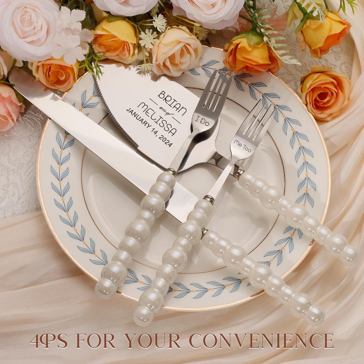 Pearl Wedding Cake Knife and Server Set with Forks, Cake Cutting Set with Stainless Steel Serrated Edges, Silver Pie Cutter Pizza Spatula, Gift for Bridal Couples Engagement (Mr & Mrs)