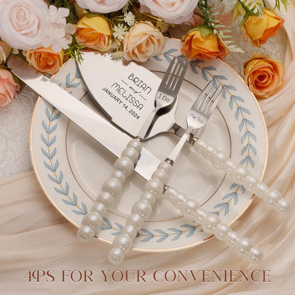 Pearl Wedding Cake Knife and Server Set with Forks, Cake Cutting Set with Stainless Steel Serrated Edges, Silver Pie Cutter Pizza Spatula, Gift for Bridal Couples Engagement (Mr & Mrs)