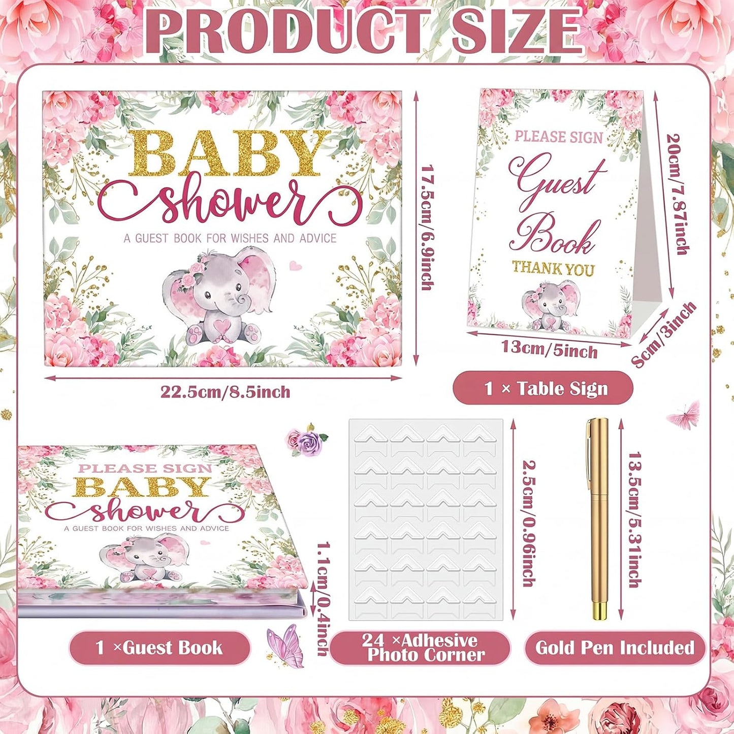 Fuyoooo 27 Pcs Safari Animal Baby Shower Guest Book Set Baby Shower Sign in Guest Floral Book Place Table Cards with Gold Pen Adhesive Photo Corner for Birthday Party