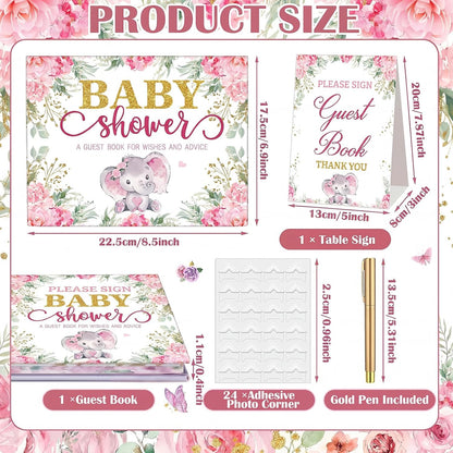 Fuyoooo 27 Pcs Safari Animal Baby Shower Guest Book Set Baby Shower Sign in Guest Floral Book Place Table Cards with Gold Pen Adhesive Photo Corner for Birthday Party