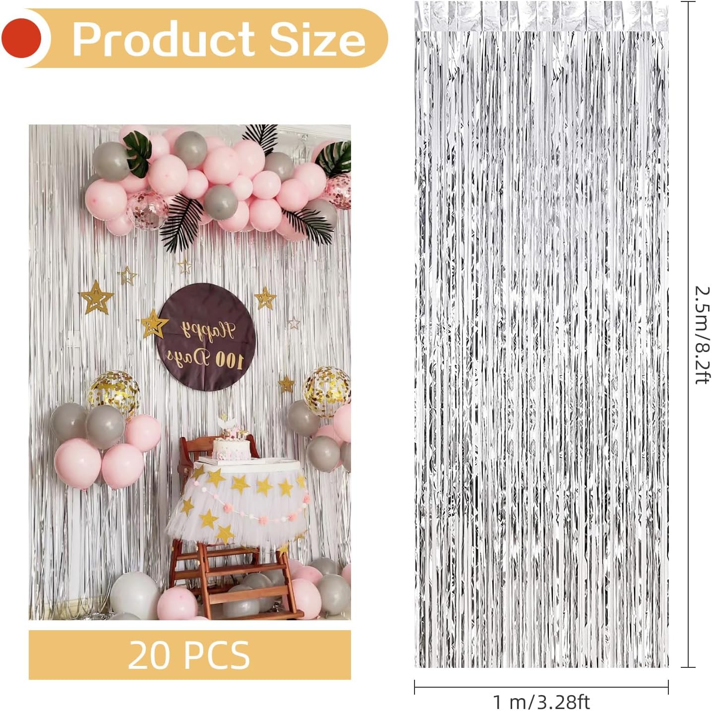 20 Pack Silver Foil Curtain Backdrop 3.2ft x 8.2ft Foil Fringe Backdrop Curtain Metallic Tinsel Foil Fringe Curtains Streamer Backdrop Curtains for Birthday Party Decorations Photo Booth (Silver)