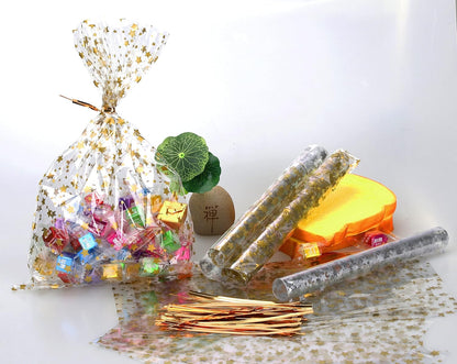 100 Pcs Star Printed 5"X 7" Gift Wrap Cello Cellophane Treat Bags Party Favor bags Clear Candy Cookie Bag Plastic Poly Goodie Storage Bag with Twist Ties for Bakery,Birthday, Wedding ,Party Decorations (Gold)