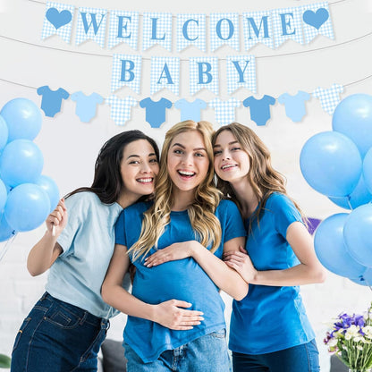 Hahafelt 1 Pcs Blue Gingham Welcome Baby Boy Banner for Baby Shower Party Decorations Pre Strung Gender Reveal Paper Banner for Table, Wall, Mantel Display Party Decor Supplies