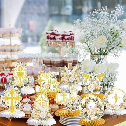 First Holy Communion Honeycomb Centerpieces, Baptism Decorations, God Bless Religious Party Table Decor, First Communion Table Centerpiece, Christening Baby Shower Party Decorations 9PCS
