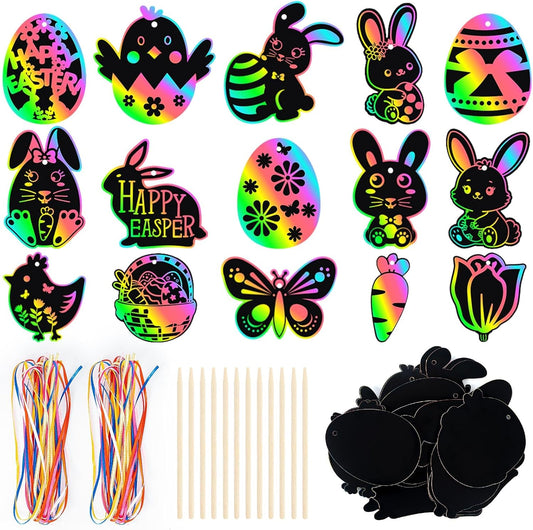 BruinBang 48 PCS Easter Scratch Cards DIY Magic Rainbow Color Scratch Art Sets Easter Crafts Fun Spring Classroom Art Activities Spring Hanging Ornaments Basket Stuffers Party Supplies Gifts