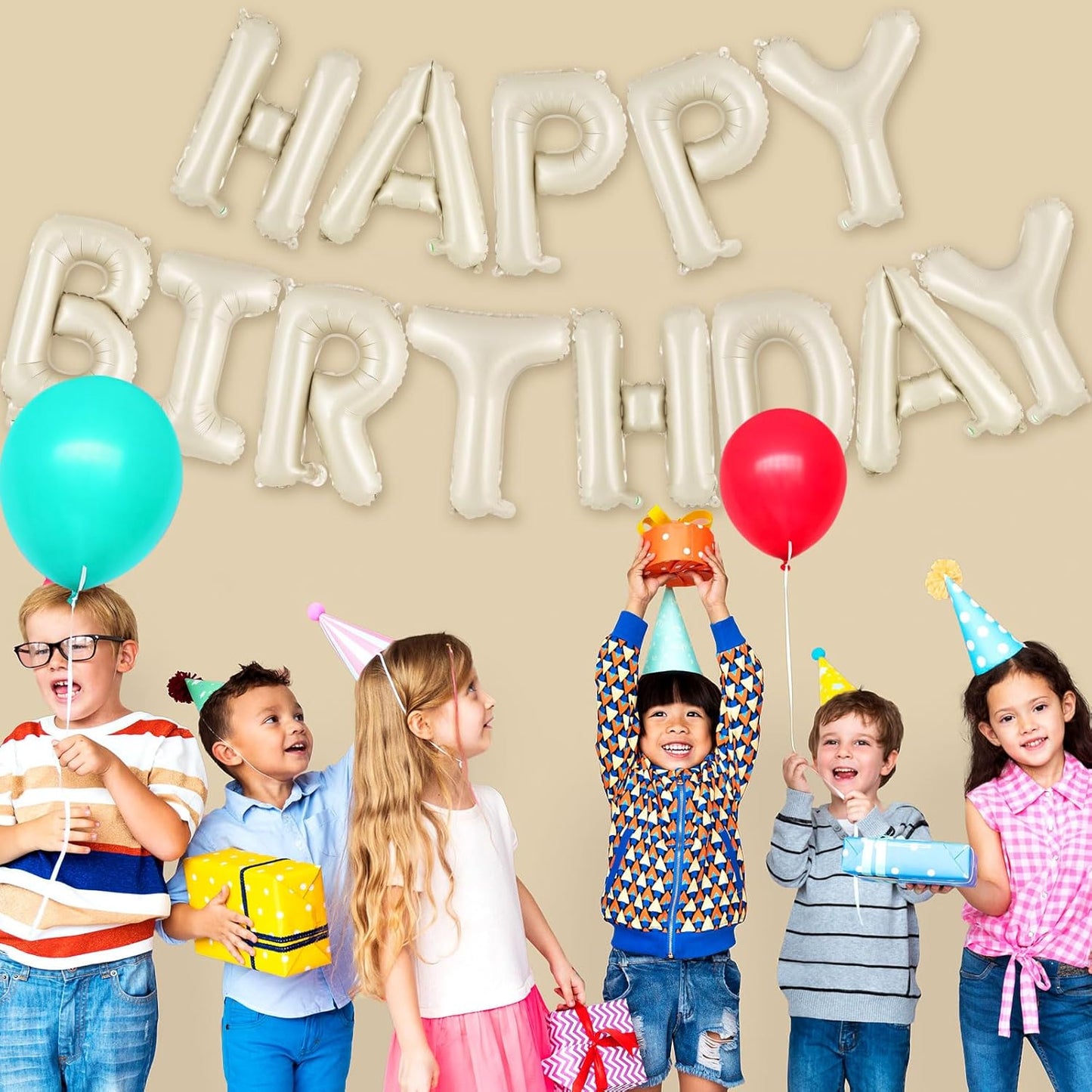 Happy Birthday Balloons Banner, Foil Balloon Personalized Name Letters Balloons Sign Birthday Party Decorations for Women Men Boys Girls Cream