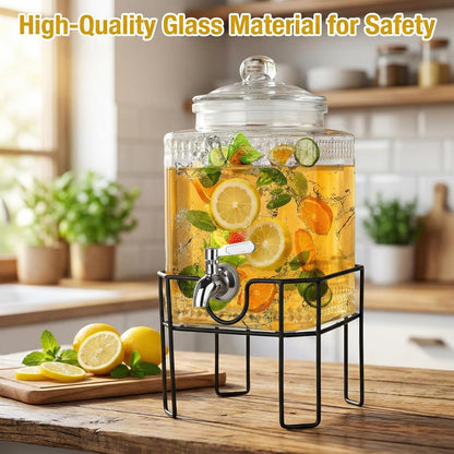 2 Gallon Glass Drink Dispenser, Drink Dispensers for Parties, Beverage Dispenser with Stand and Glass Lid, 100% Leakproof Spigot, Ideal for Lemonade, Juice, Laundry Detergent Dispenser