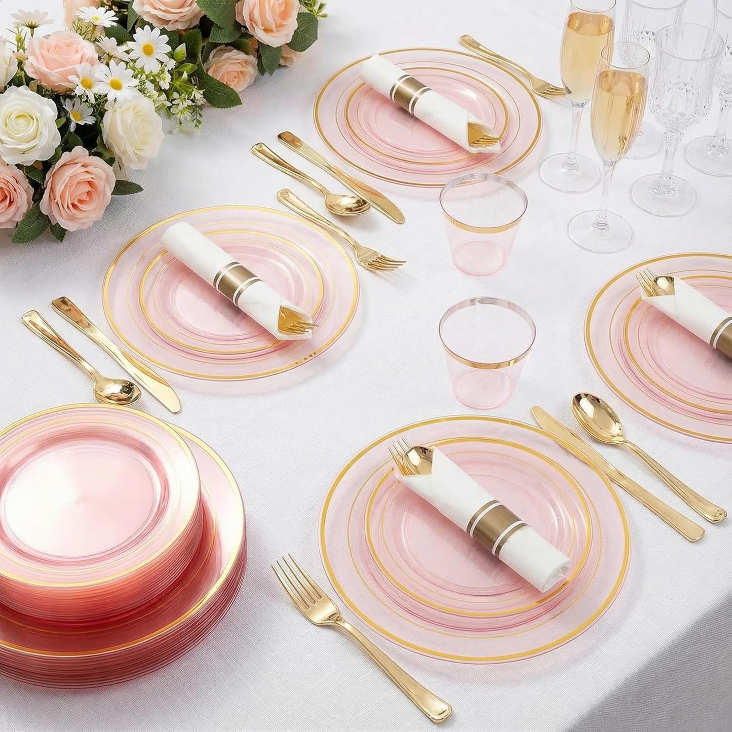 WELLIFE 350-Piece Gold Disposable Plates and Cutlery Set - Premium 10.25" Dinner Plates, 7.5" Dessert Plates, 9oz Cups & Cutlery for Weddings, Catering Events - 50 Guest Service - Elegant & Sturdy