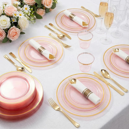WELLIFE 350-Piece Gold Disposable Plates and Cutlery Set - Premium 10.25" Dinner Plates, 7.5" Dessert Plates, 9oz Cups & Cutlery for Weddings, Catering Events - 50 Guest Service - Elegant & Sturdy