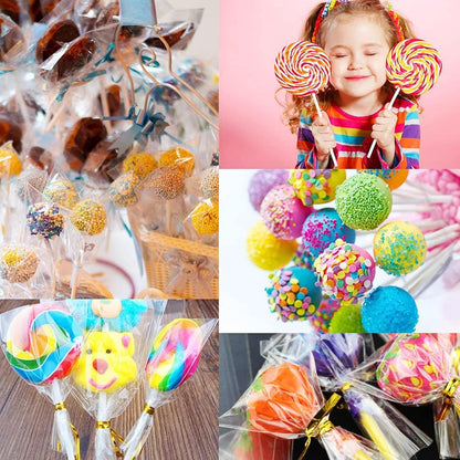 Lollipop Cake Pop Treat Bag Kit, Including 100Pcs Cake Pop Sticks, 100Pcs Parcel Bags, 100Pcs Twist Ties and 1 Cake Pop Mold, Cake Pop Maker Tools for Lollipops, Candies, Chocolates, Cookies